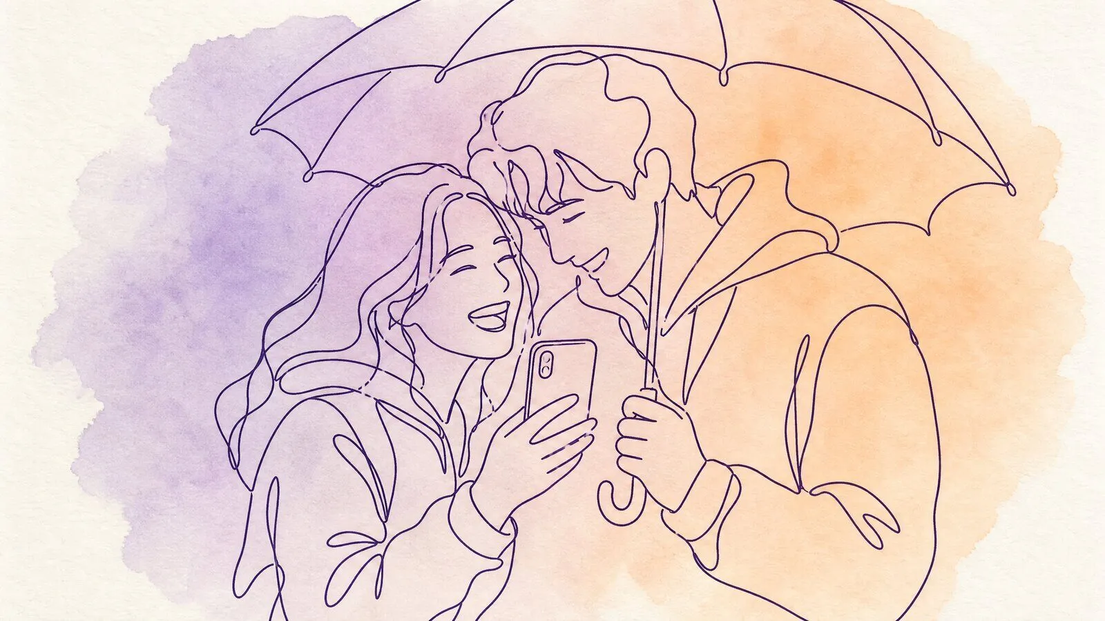 A young woman under a shared umbrella in the rain outside a theme park gate, laughing with a phone held between her and her boyfriend