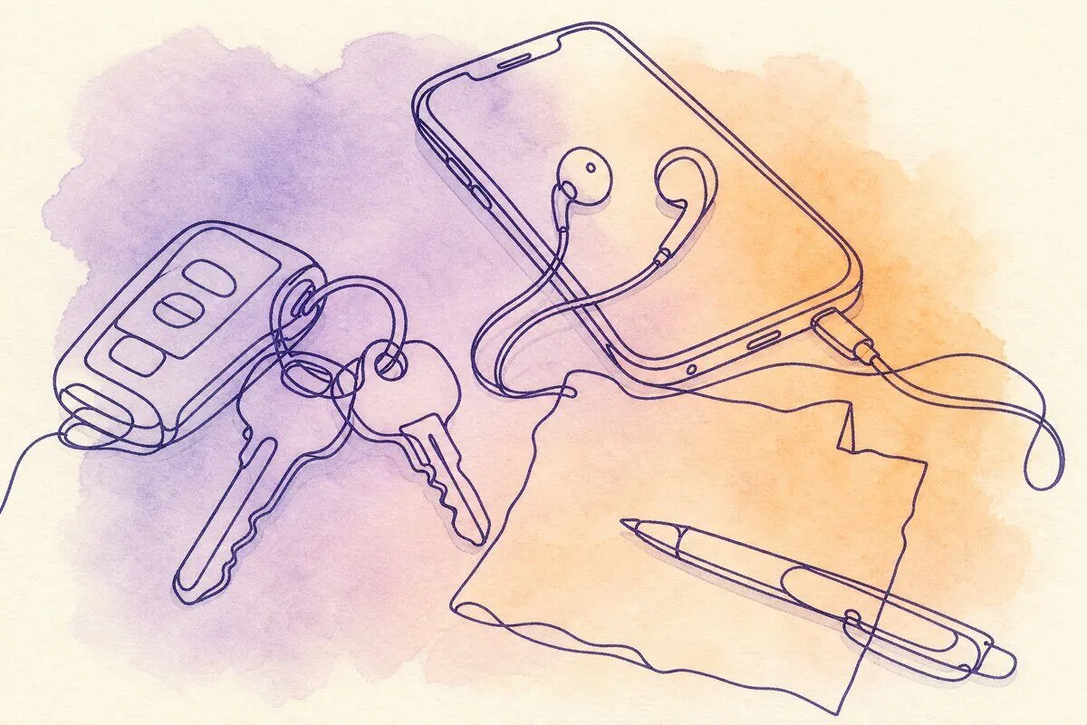 A workbench with truck keys, a phone with earbuds and a handwritten note