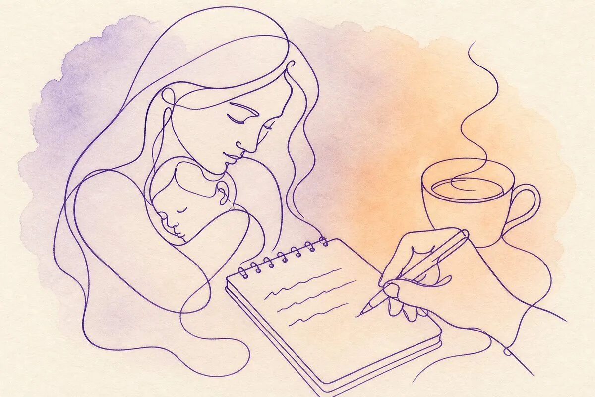 A hand writing a few lines about a mother on a notepad beside a cup of coffee