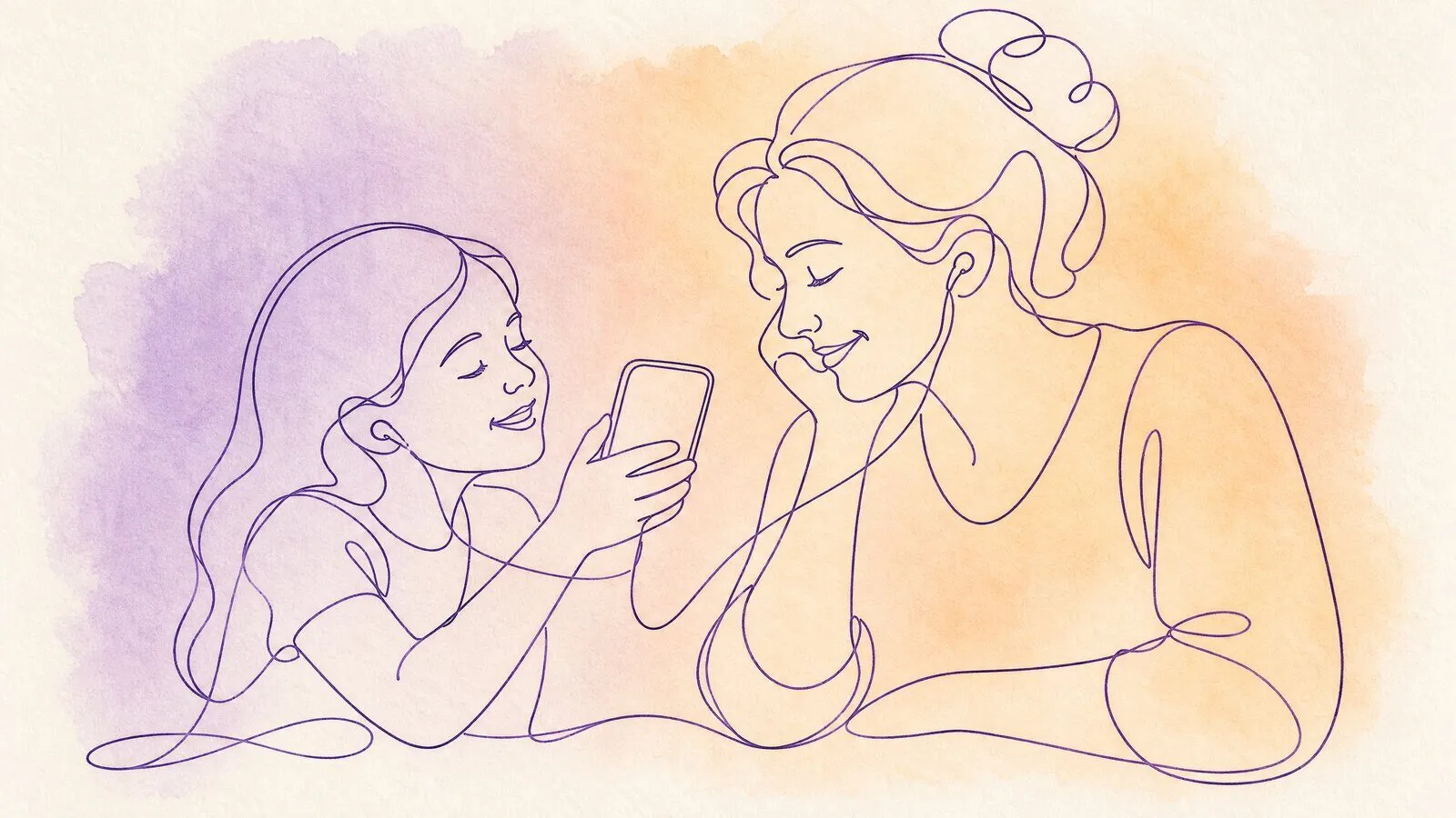 A mother at her kitchen table hearing a song on a phone her daughter is holding up