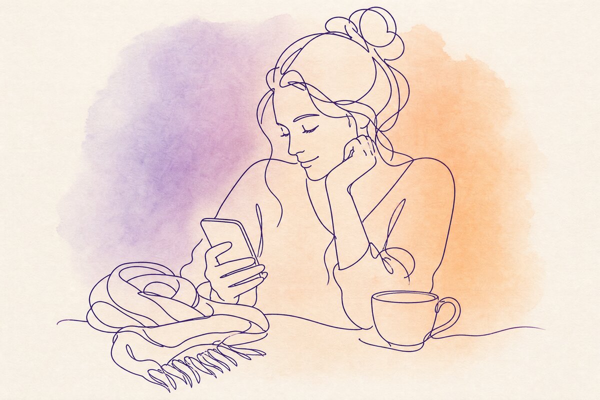 A woman at a kitchen table reading a phone, a wrapped scarf and a teacup beside her