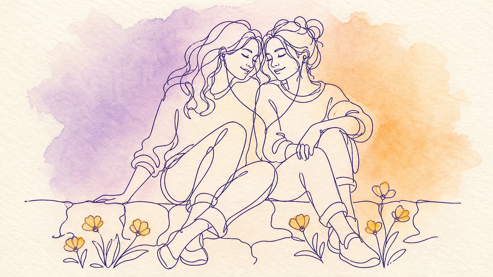 Two grown sisters sitting on a garden wall sharing one pair of earbuds, yellow flowers at their feet