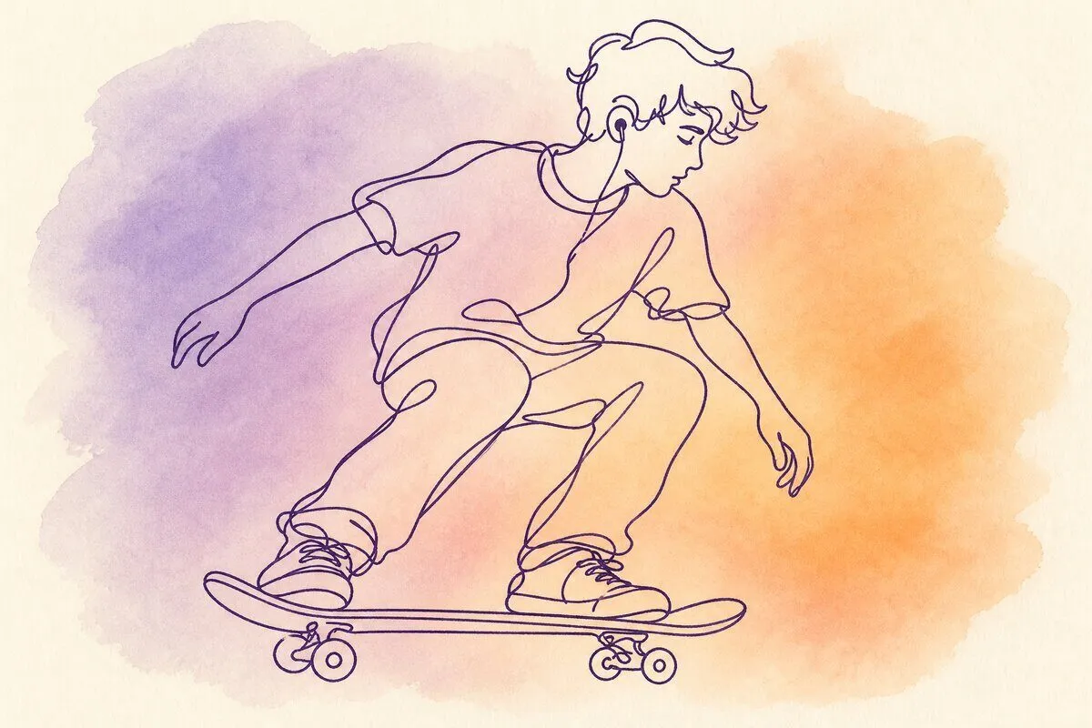 A boy on a skateboard at dusk with earbuds in