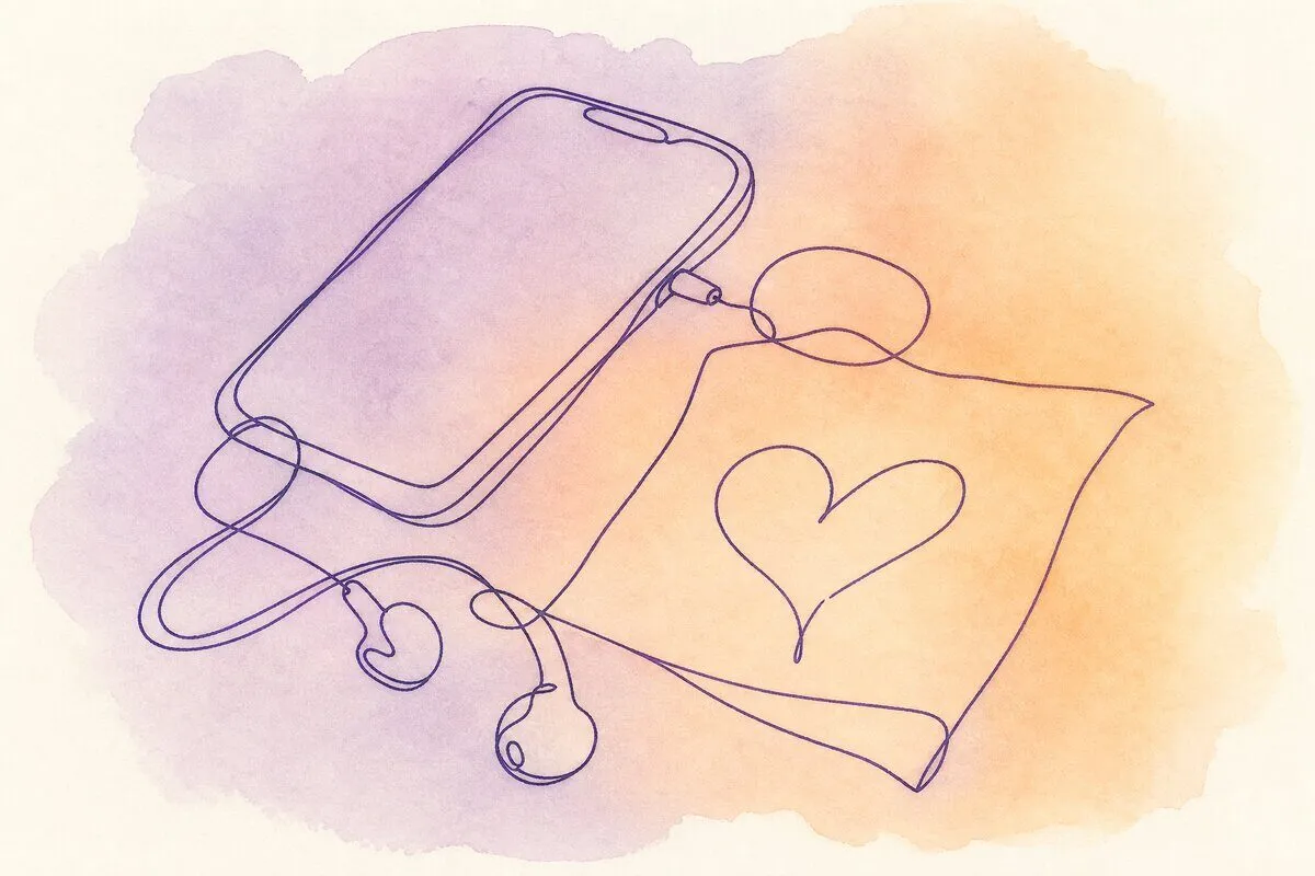 A bedside table with a phone, earbuds and a handwritten note