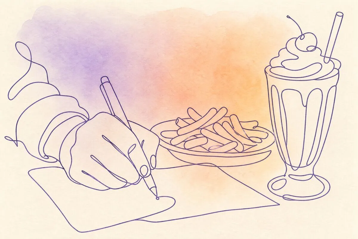 A hand writing on a paper placemat in a diner, a plate of fries and a milkshake beside it