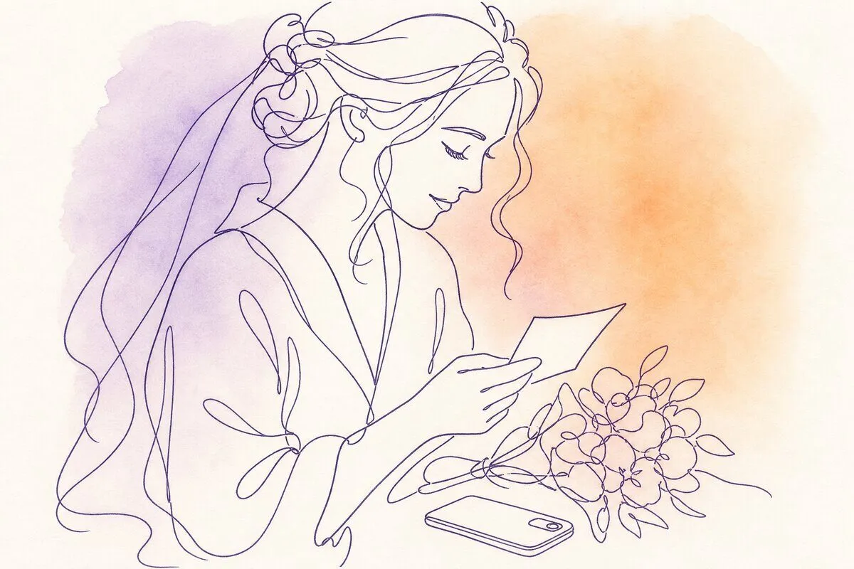 A wedding-morning dresser with a handwritten note, a phone and a small bouquet