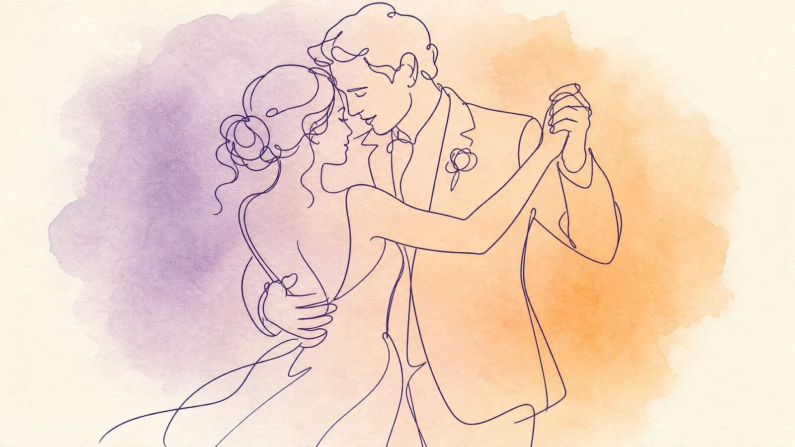 A couple's first dance on a wooden deck at golden hour, seen from the edge of the crowd